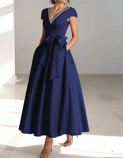 V-neck Solid Color Short Sleeves With Big Bow Midi Dress