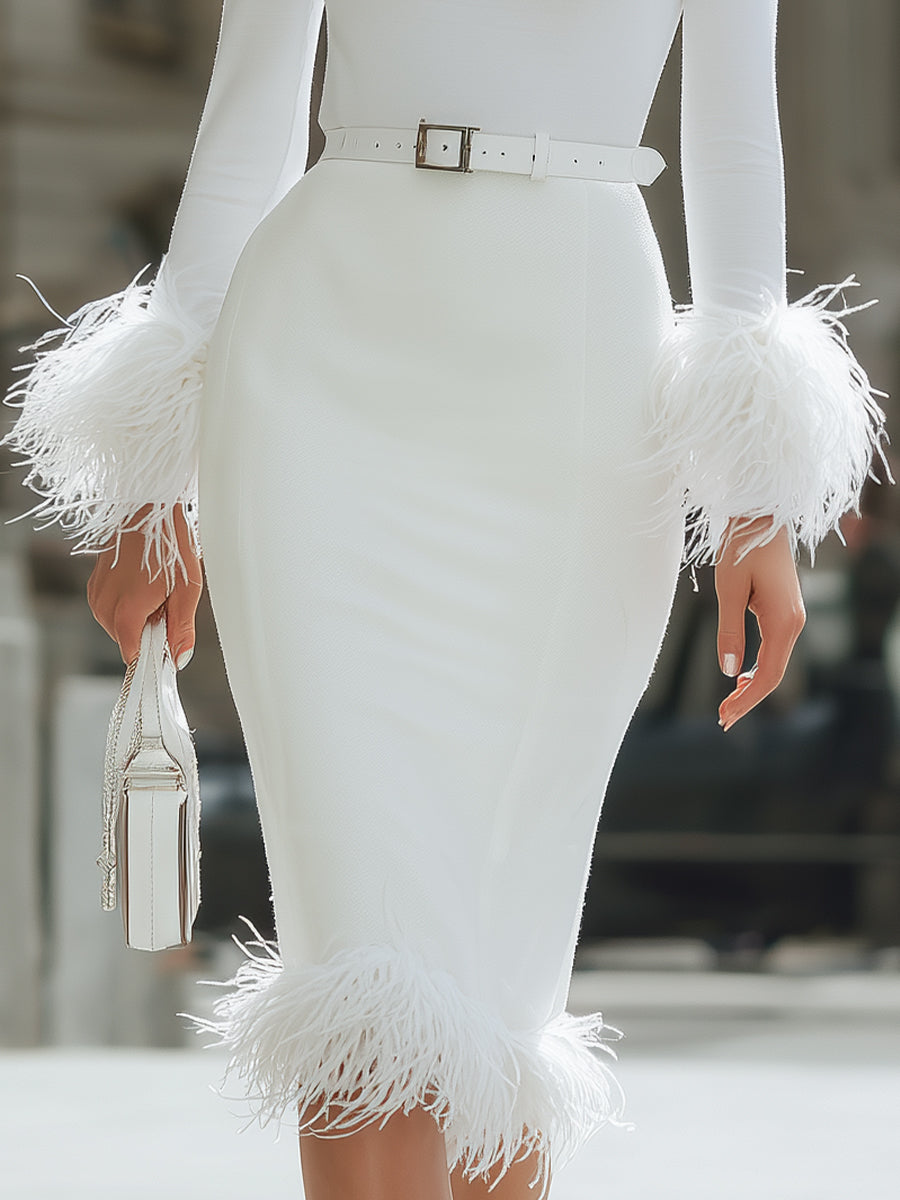 Elegant Feather - Trimmed  High Neck Midi Dress