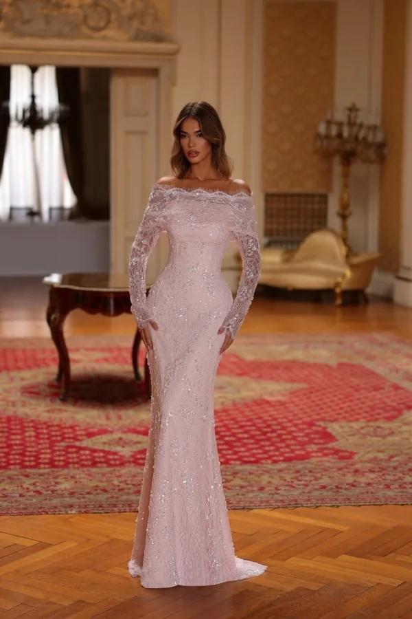 Off-The- Shoulder Sleeveless Long Mermaid Prom Dress With Lace And Sequins