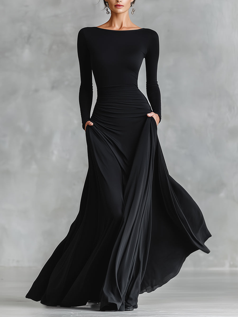 Women's Black Modern Crepe Ruched Boat - Neck Maxi Dress
