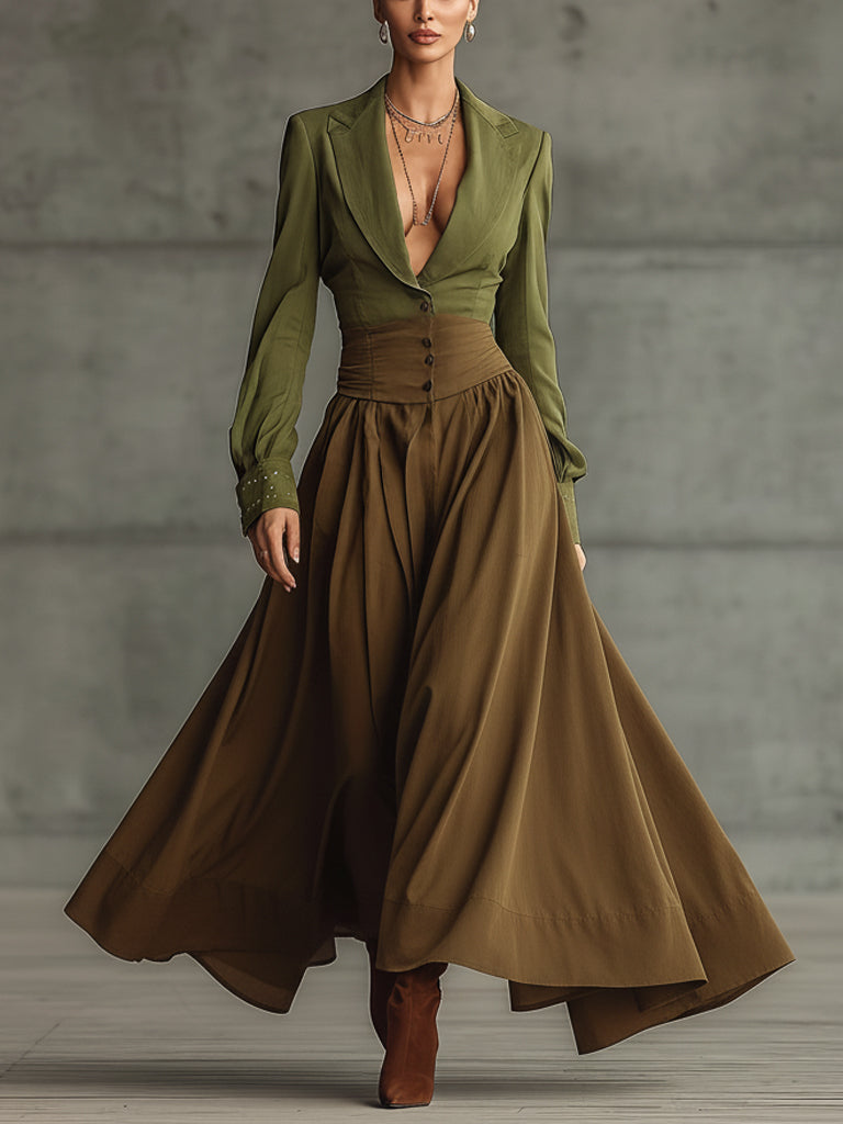 Olive Color Block Deep V-Neck Maxi Dress