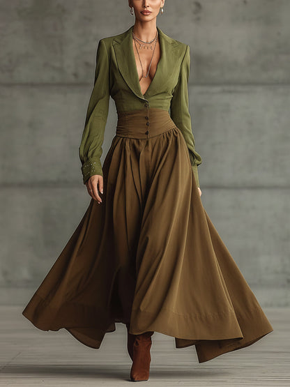 Olive Color Block Deep V-Neck Maxi Dress