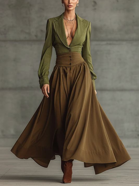 Olive Color Block Deep V-Neck Maxi Dress