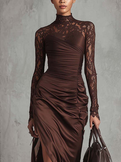 Chocolate Lace Patchwork Satin Ruched Bodycon Dress