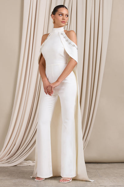 White High Neck Jumpsuit with Cold Shoulder Cape Sleeves