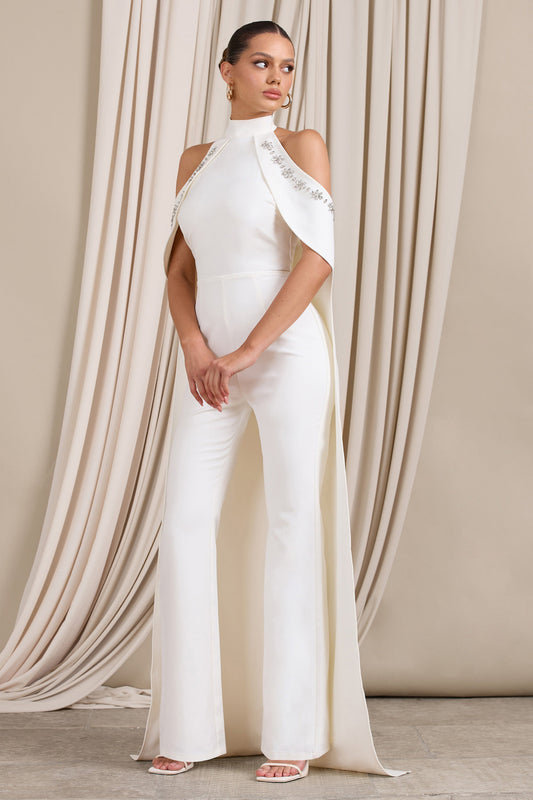 White High Neck Jumpsuit with Cold Shoulder Cape Sleeves