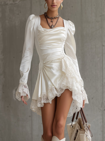 White Satin Puff Sleeve Lace Trim Asymmetric Mini Dress
