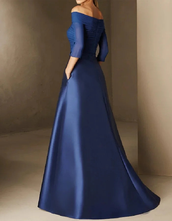 Elegant Navy Satin Gown with Off-Shoulder Pleated Bodice and Sheer Sleeves