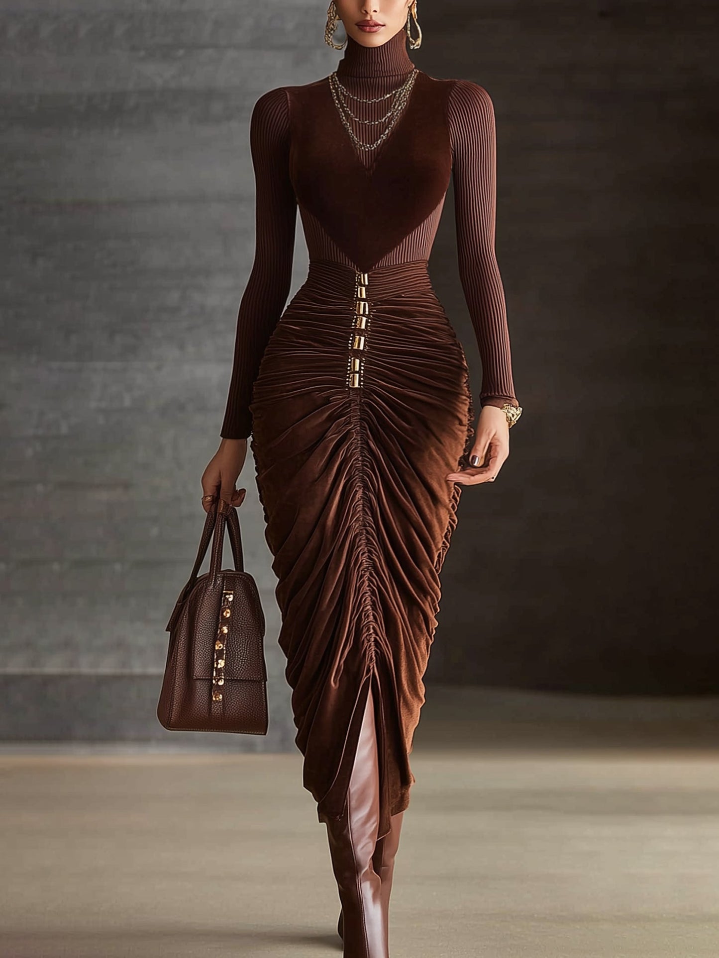 Brown Velvet Knit Ruched Turtleneck Long Sleeve Bodycon Dress
