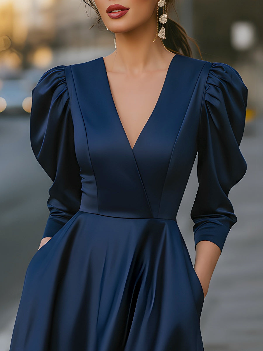 Satin Puff Sleeve V-Neck Dress