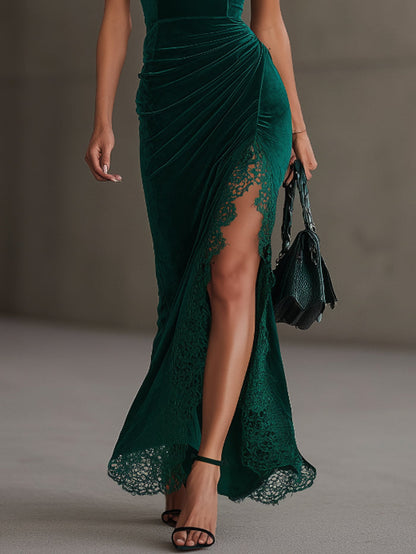 Green Velvet Lace-Trim High-Slit Maxi Dress