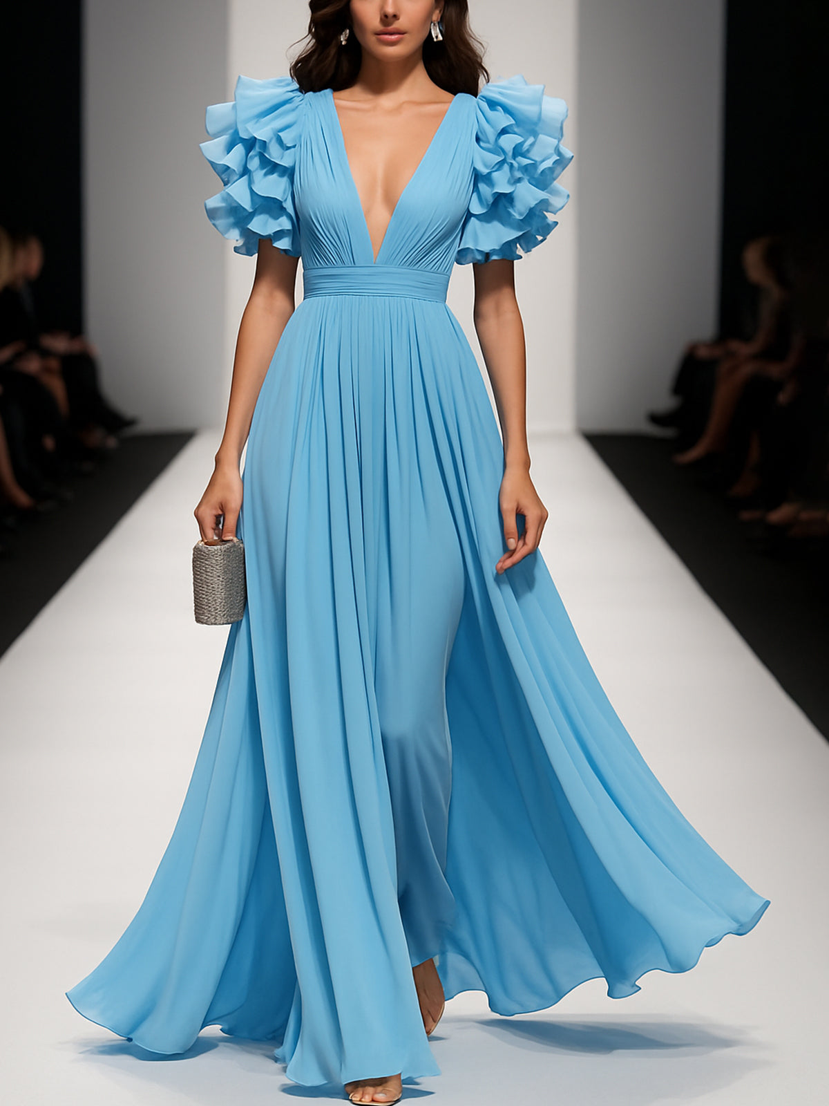 24-Hour-Shipping Ruffled Short-Sleeve V-Neck Chiffon Maxi Dress