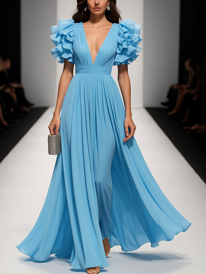 24-Hour-Shipping Ruffled Short-Sleeve V-Neck Chiffon Maxi Dress