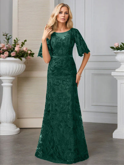 A-line Scoop Neck Floor-Length Lace Evening Dress With Appliques