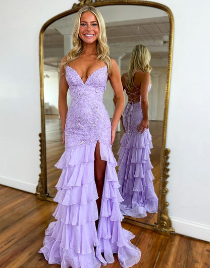 Women's Mermaid Chiffon Ruffles Prom Dresses Long Lace Appliqued Evening Gowns