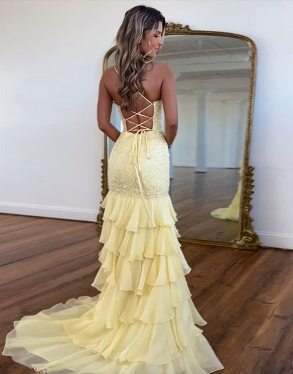 Women's Mermaid Chiffon Ruffles Prom Dresses Long Lace Appliqued Evening Gowns