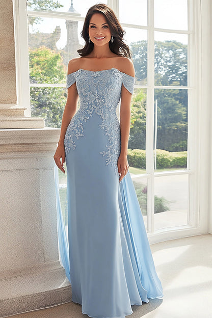 Sky Blue Off the Shoulder Chiffon Sheath Long Mother of the Bride Dress with Appliques