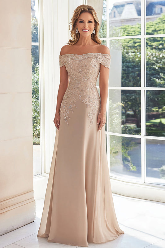 Off the Shoulder Sheath Chiffon Long Mother of the Bride Dress with Lace Appliques