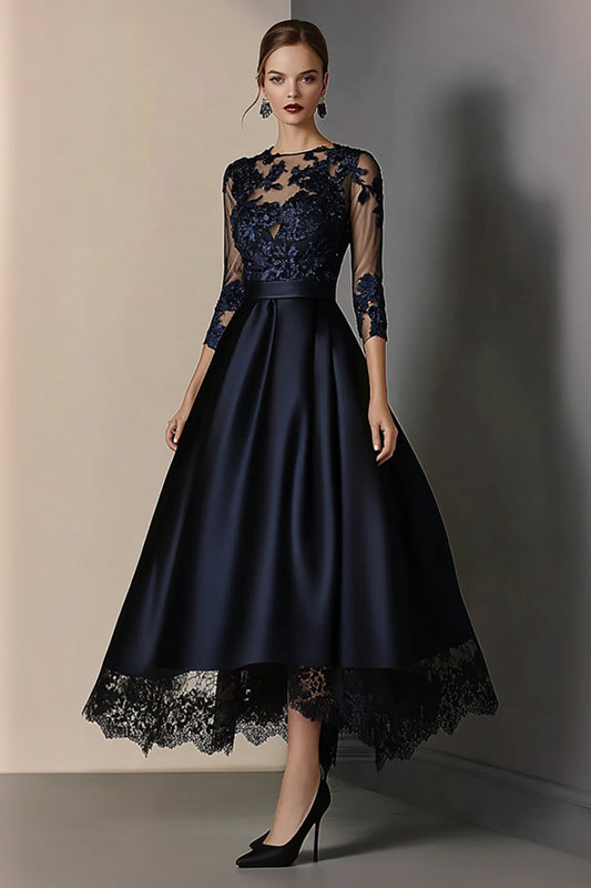 Navy A Line Lace Mother Of Bride Dress with 3/4 Sleeves