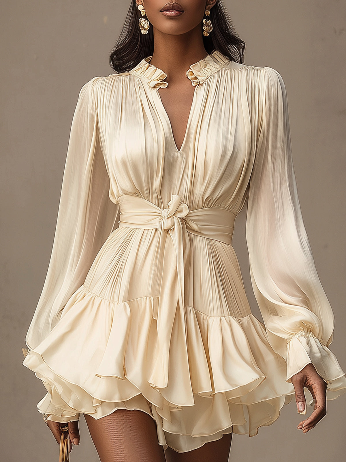 Champagne-colored Satin Pleated Waist Dress
