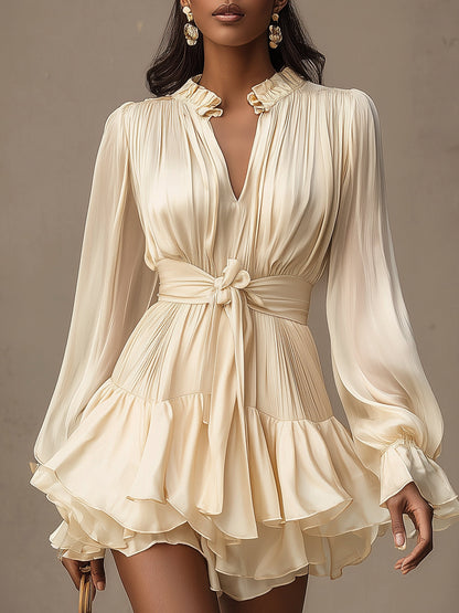 Champagne-colored Satin Pleated Waist Dress