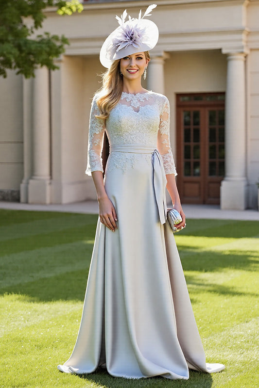 Silver A Line Illusion Neck Long Satin Mother of the Bride Dress with Lace