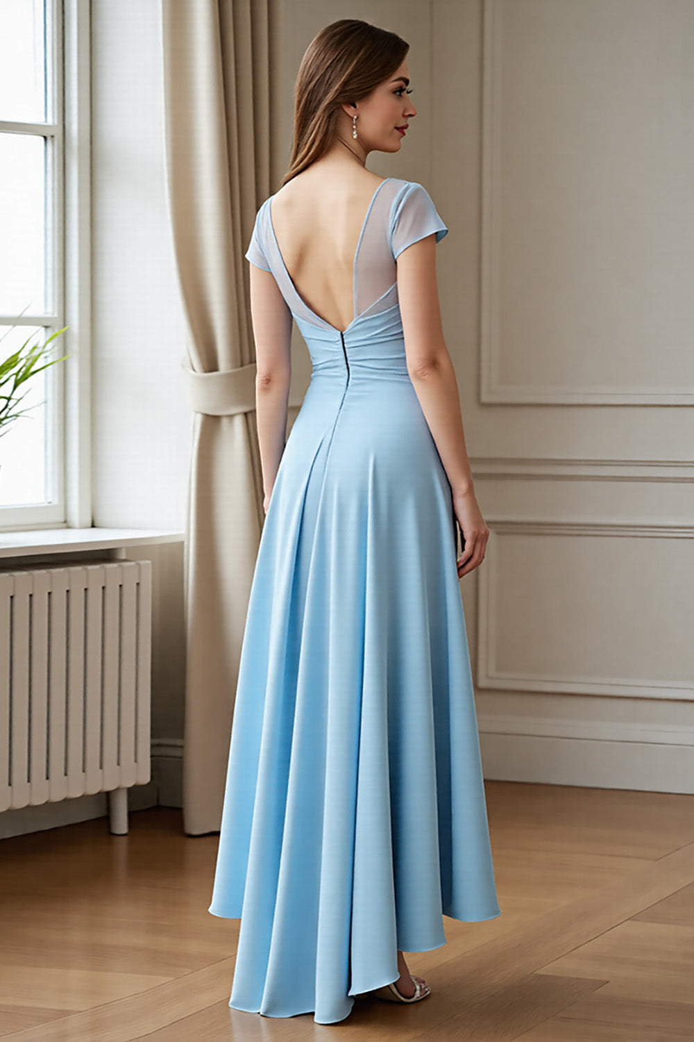 Sky Blue A Line Chiffon Long Ruched Mother of the Bride Dress with Lace