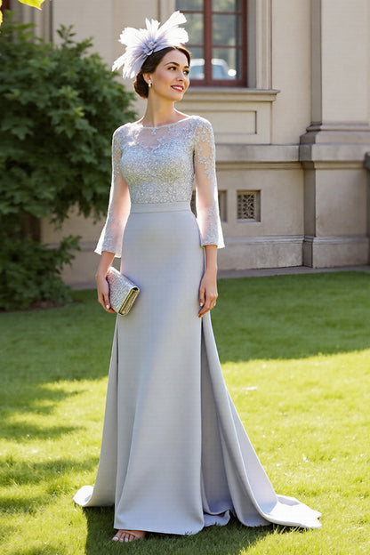 Silver Satin Illusion Neck Long Mother of the Bride Dress with Lace