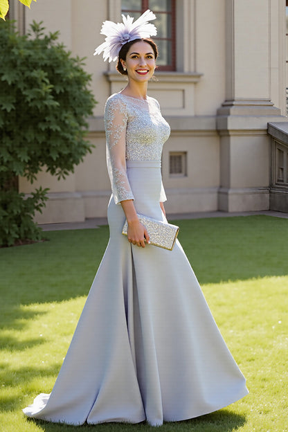 Silver Satin Illusion Neck Long Mother of the Bride Dress with Lace