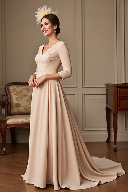 Apricot Satin A Line V-Neck Long Mother of the Bride Dress with Lace