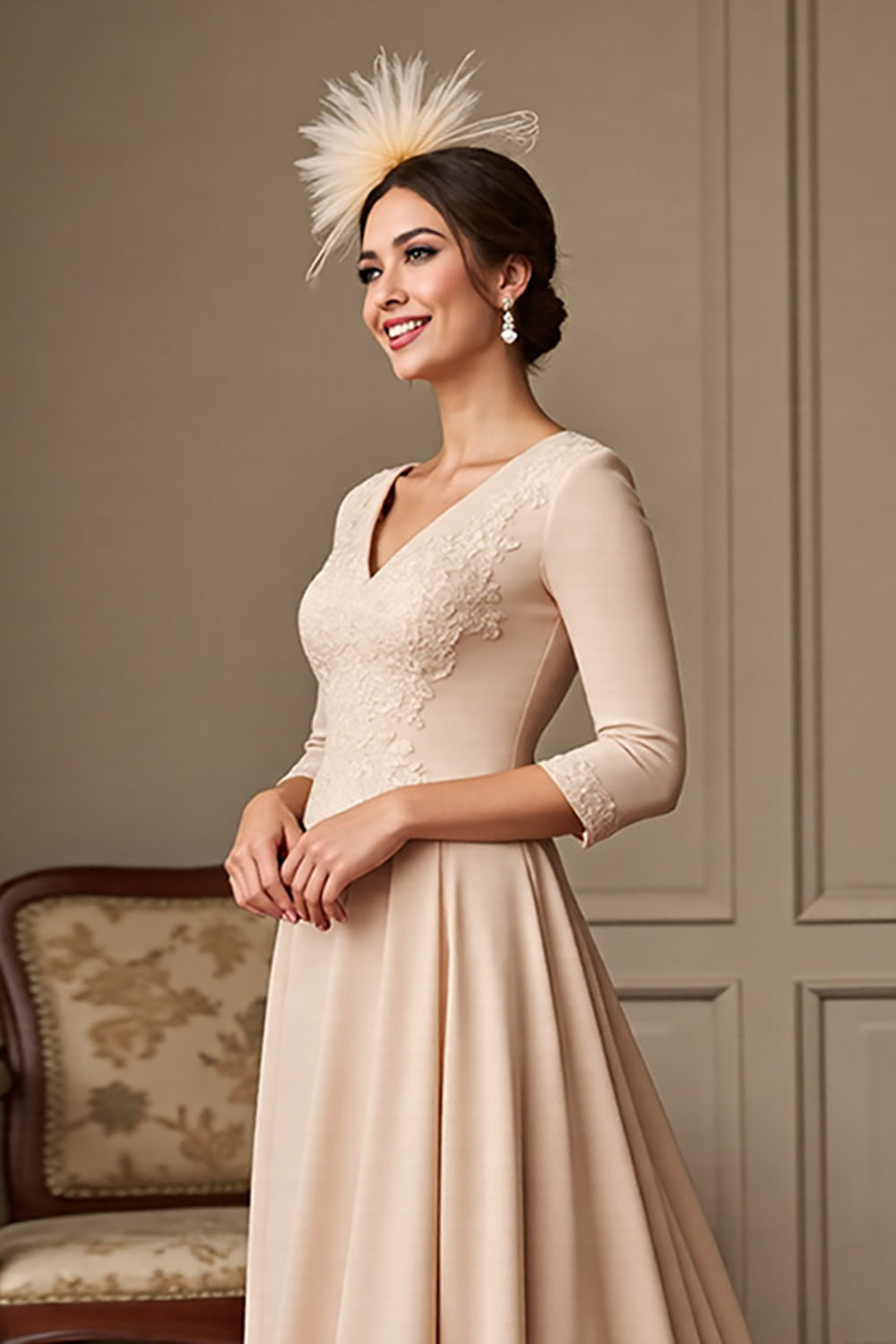 Apricot Satin A Line V-Neck Long Mother of the Bride Dress with Lace