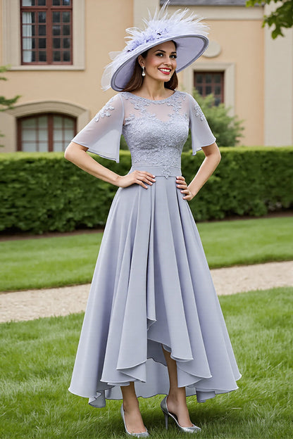 Silver A Line Chiffon Long Illusion Neck Mother of the Bride Dress with Lace