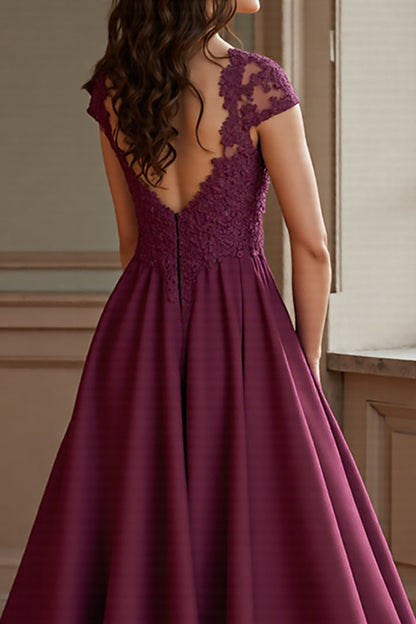 Lilac Satin A Line V-Neck Long Mother of the Bride Dress with Lace