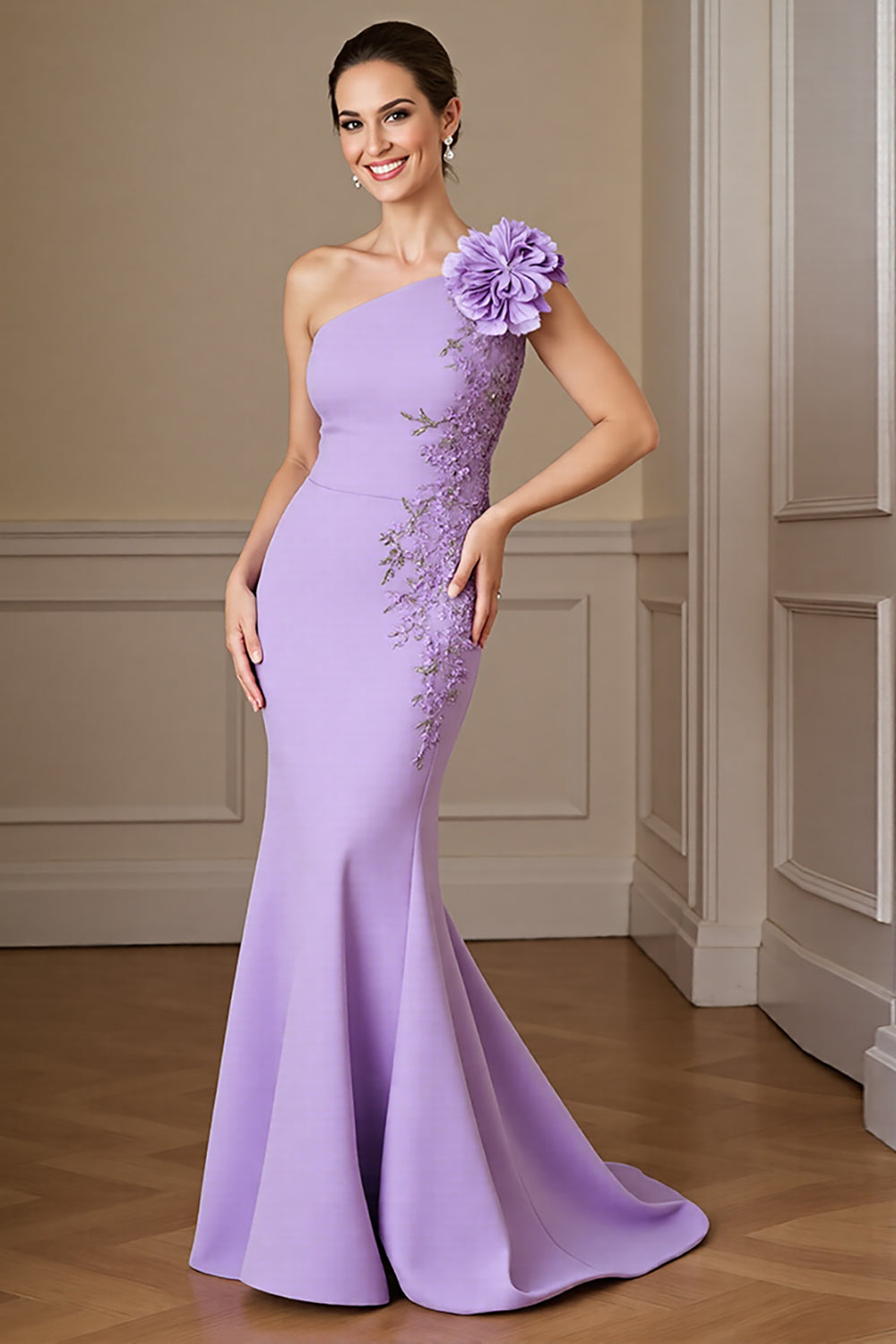 Floral Lilac Satin Long One Shoulder Mother of the Bride Dress with Appliques
