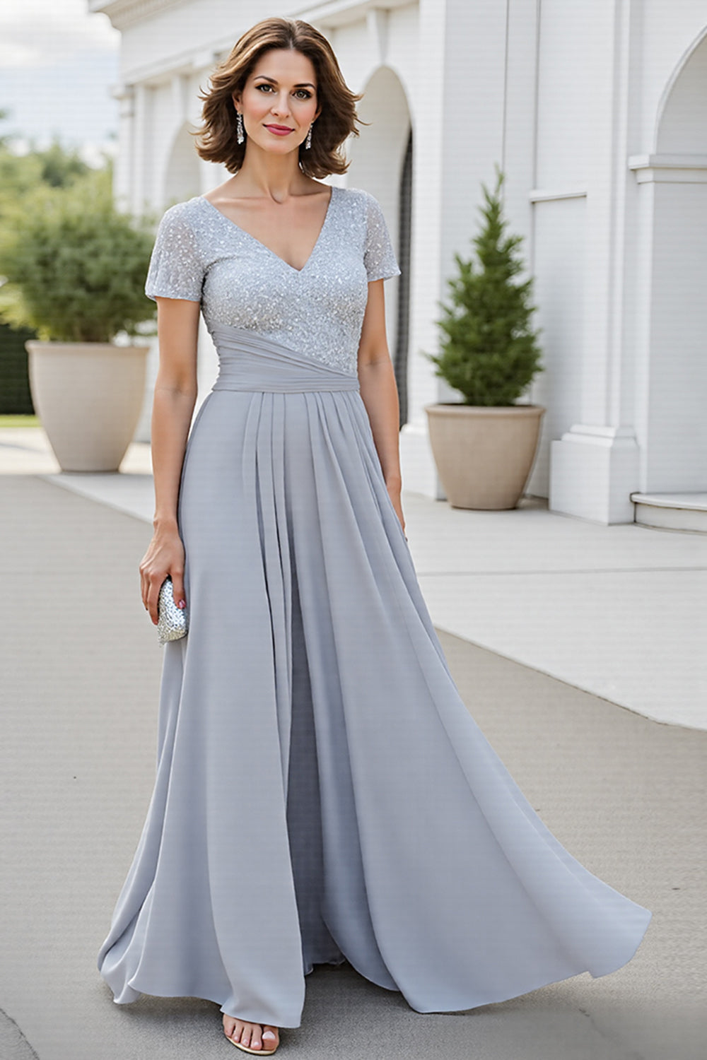Chiffon Silver V Neck A Line Mother Of The Bride Dress