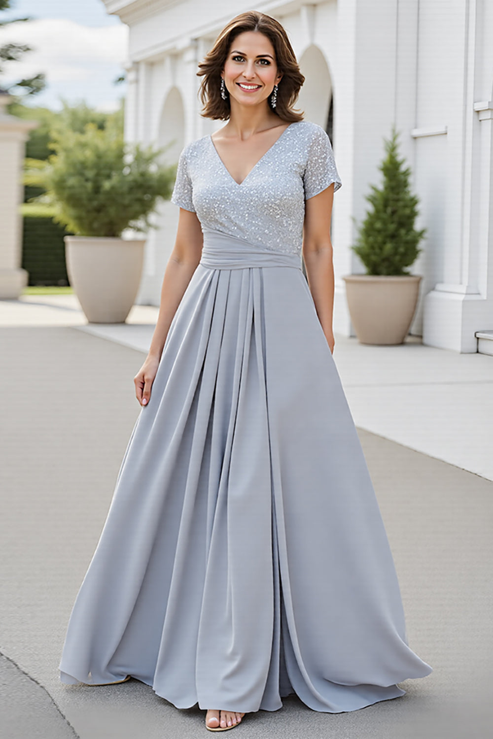 Chiffon Silver V Neck A Line Mother Of The Bride Dress