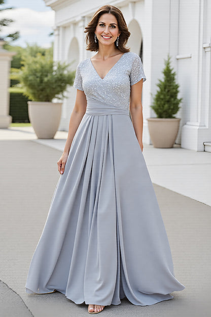 Chiffon Silver V Neck A Line Mother Of The Bride Dress