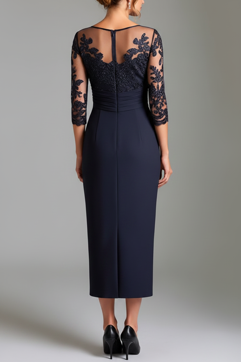 Navy Appliques Illusion Neck Long Ruched Mother of the Bride Dress