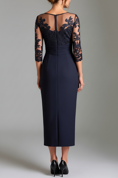Navy Appliques Illusion Neck Long Ruched Mother of the Bride Dress