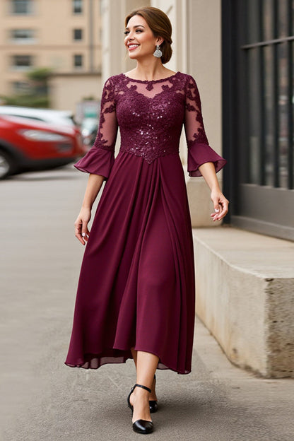 Cabernet A Line Chiffon Boat Neck Long Mother of the Bride Dress with Sleeves
