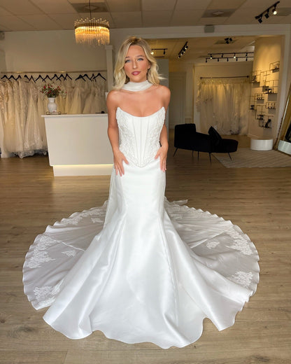 Satin Corset Lace Appliqued Wedding Dresses Mermaid Plus Size Wedding Gowns for Bride