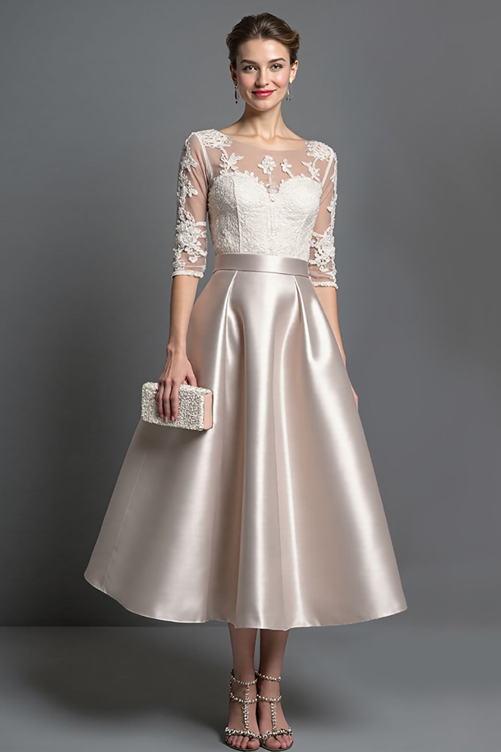Apricot Satin A Line Long Mother of the Bride Dress with Lace