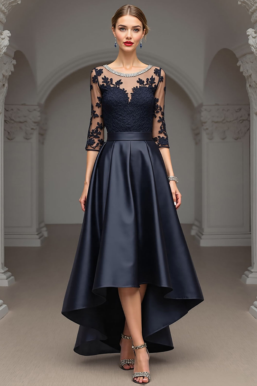 Navy A Line Long Satin Mother of the Bride Dress with Lace
