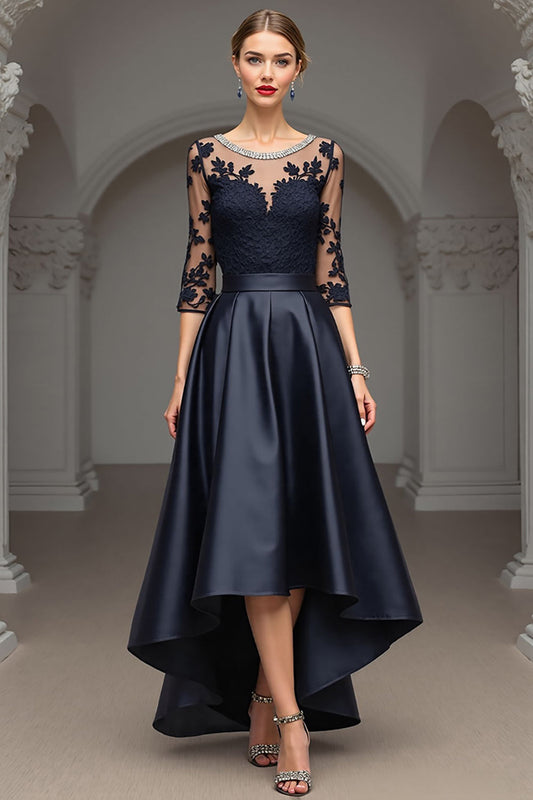 Navy A Line Long Satin Mother of the Bride Dress with Lace