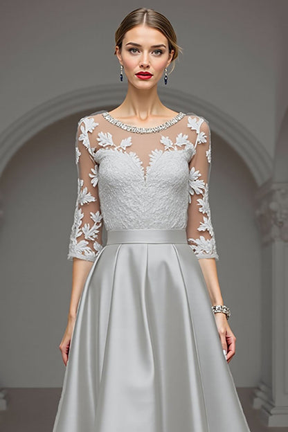 Navy A Line Long Satin Mother of the Bride Dress with Lace