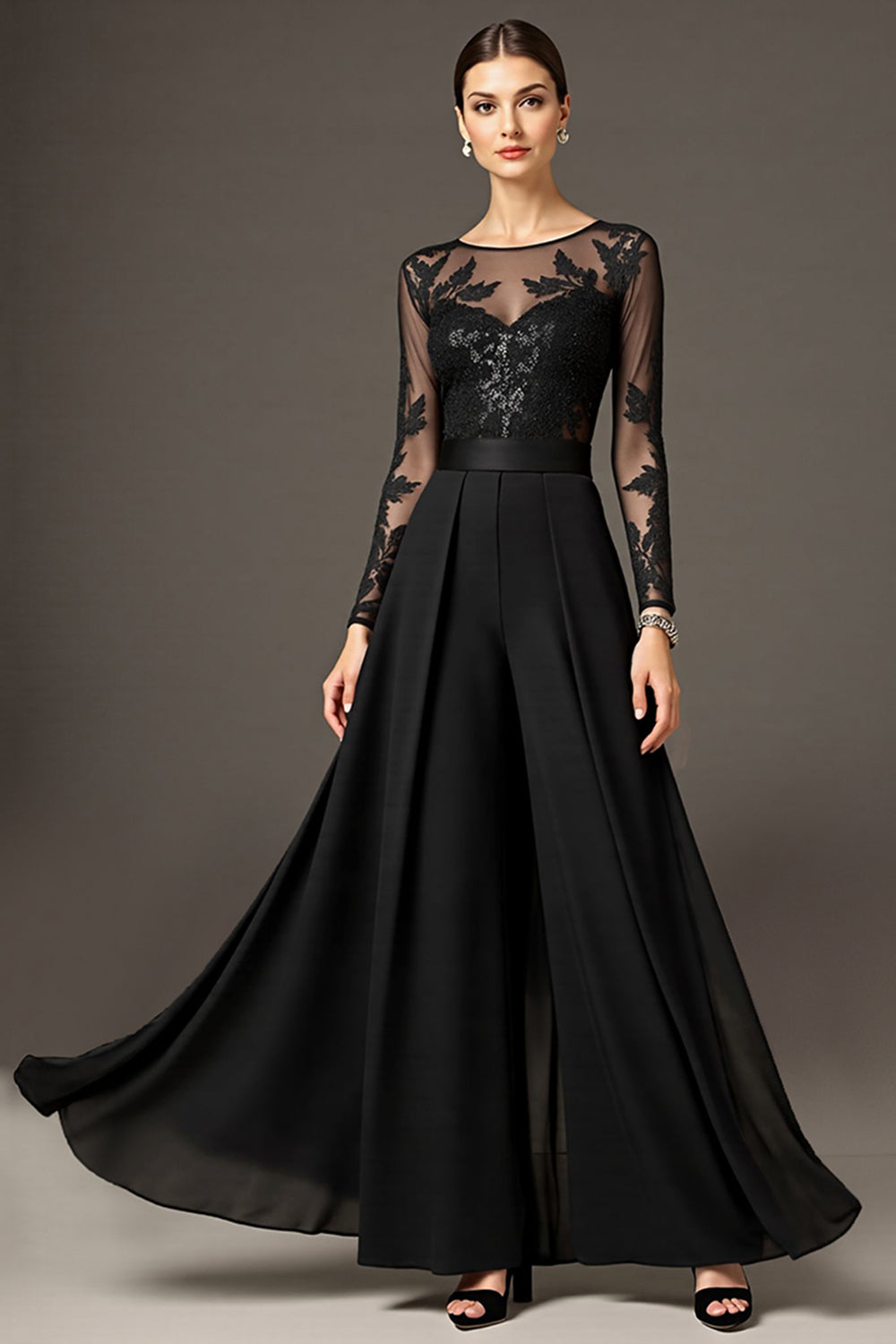 Black A Line Chiffon Long Mother of the Bride Jumpsuits with Lace