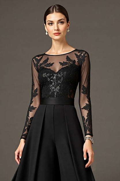 Black A Line Chiffon Long Mother of the Bride Jumpsuits with Lace