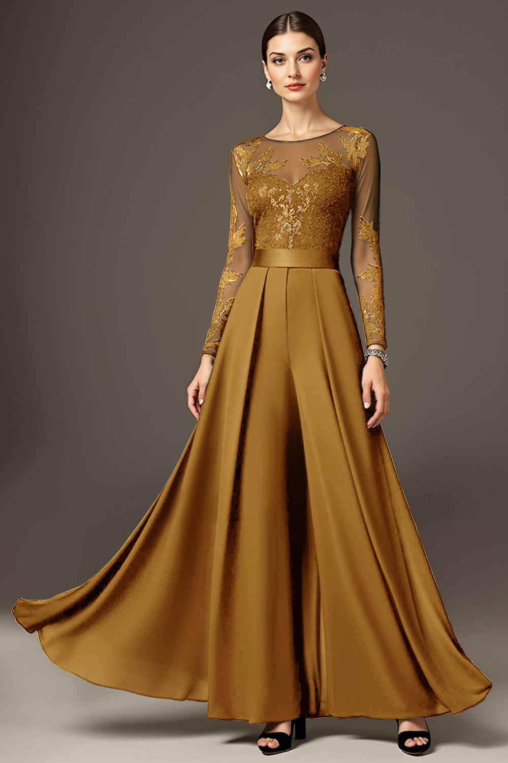 Black A Line Chiffon Long Mother of the Bride Jumpsuits with Lace