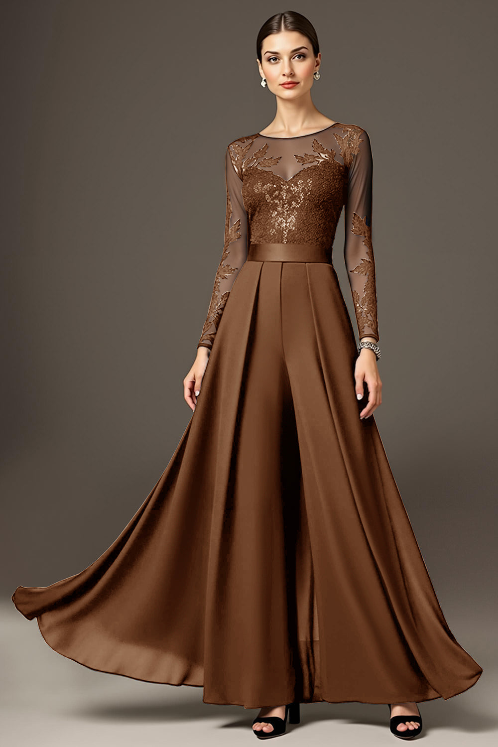 Black A Line Chiffon Long Mother of the Bride Jumpsuits with Lace