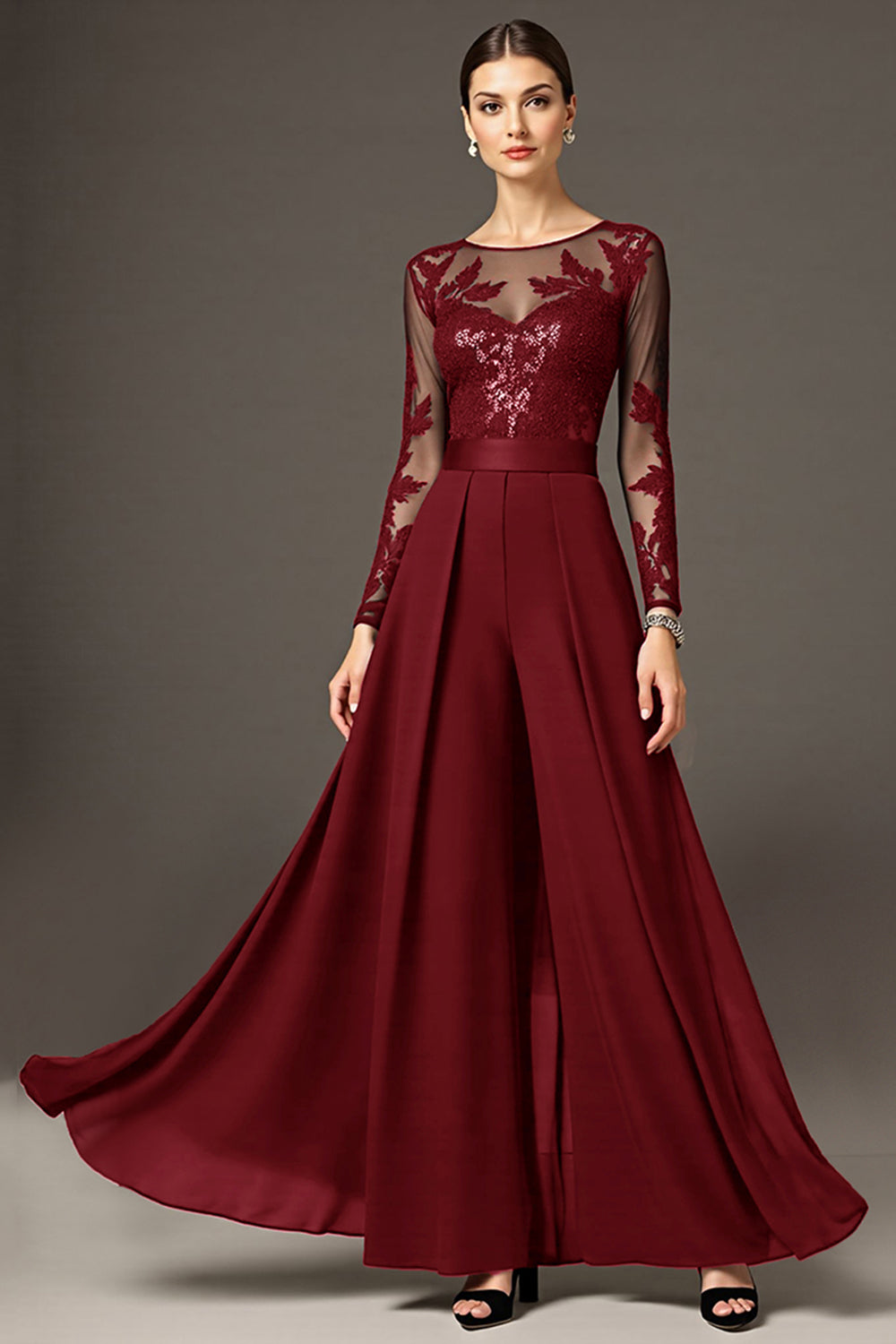 Black A Line Chiffon Long Mother of the Bride Jumpsuits with Lace